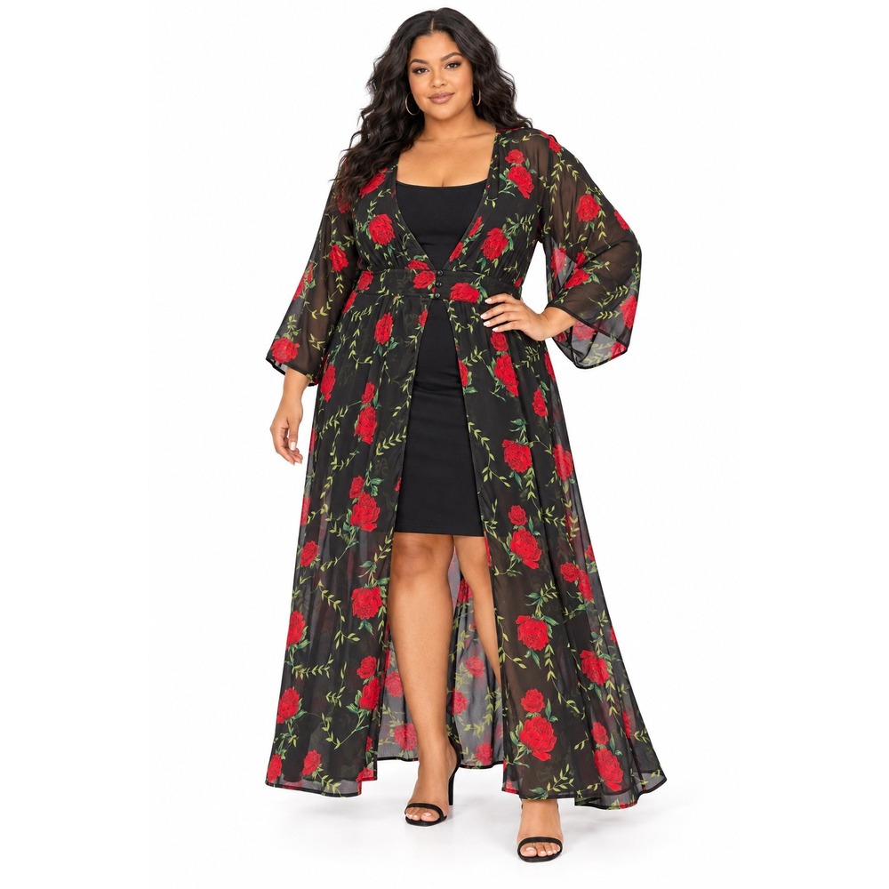 Ashley Stewart Womens NWT 26/28 Beautiful Rose Sheer Maxi Duster Whimsigoth